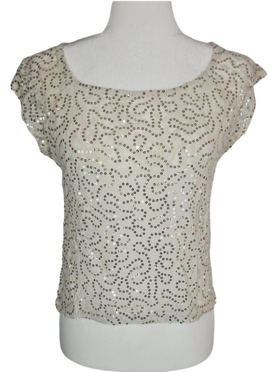 Vintage Tops - Vintage Sheer Sequin Champagne Color Party Top Sparkle Retro Y2K Festival Club M